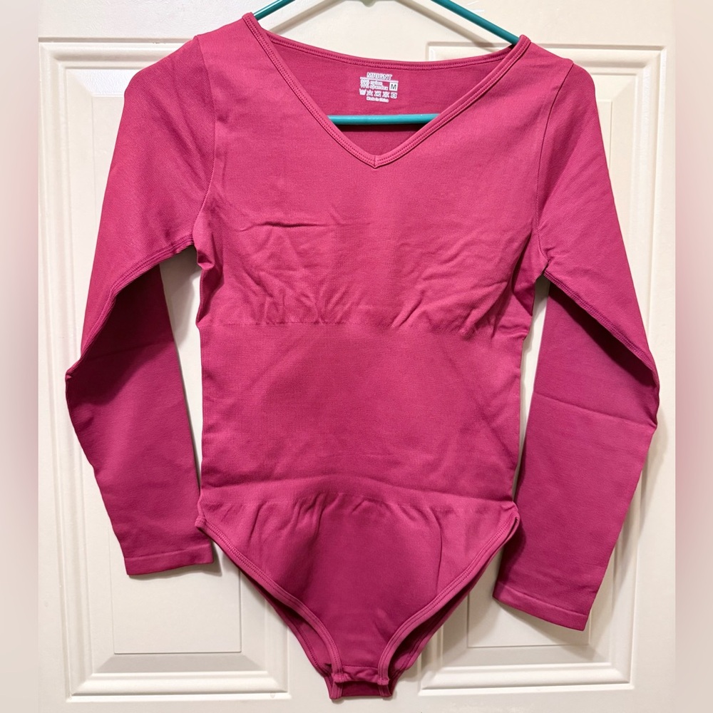 MRGINT Bodysuit in Dark Red Size Medium V Neck Long Sleeved Snap Closure NWOT